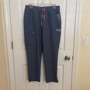 Figs Women's petite medium gray scrub pants. Light gray vertical stripes